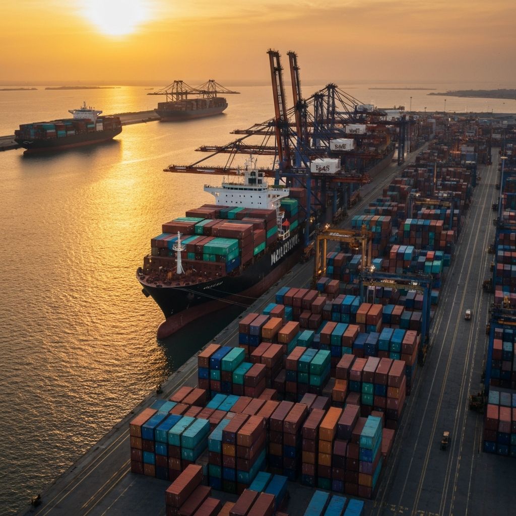 Container port with cargo ships